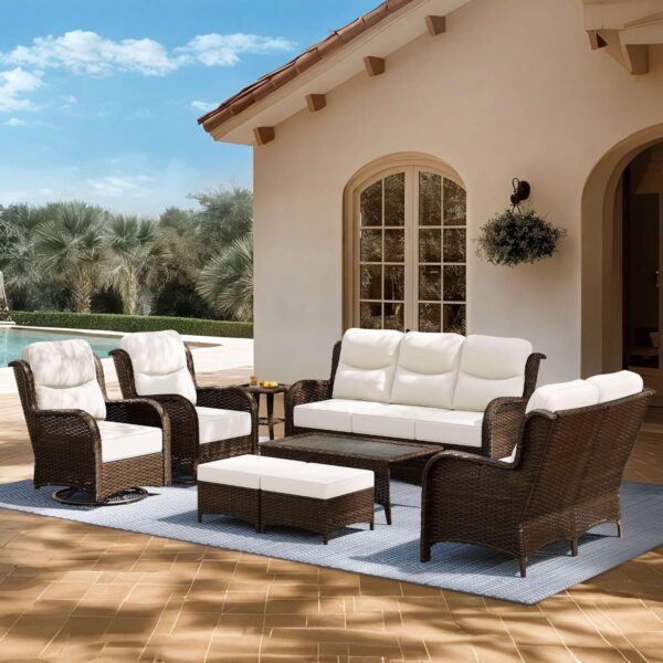 ade4e3fe65a54e77bab015a8381256e9 Outdoor Swivel Rocker Patio Chairs with 6-Inch Thick Cushions and Side Table, 3PCS High Back Wicker Patio Furniture Set for Porch, Balcony, Deck and Yard in Blue