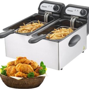 3000W Commercial Electric Deep Fryer With Baskets & Lids,2x3L Stainless Steel Double Deep Fryer,Small Deep Fryer With Basket,Temperature Control,Overheat Protection