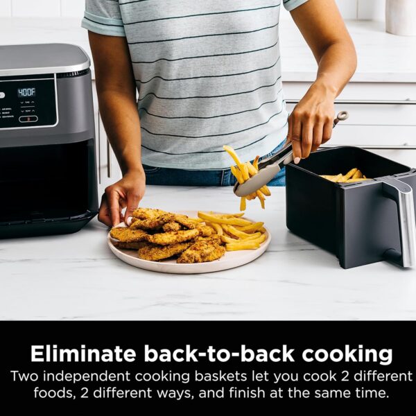 af1264714e144c3a9e42d8fb8d3723e9 DZ401 Foodi 10 Quart 6-in-1 DualZone XL 2-Basket Air Fryer with 2 Independent Frying Baskets, Match Cook & Smart Finish to Roast, Broil, Dehydrate for Quick, Easy Family-Sized Meals, Grey
