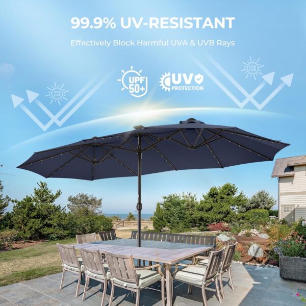 b0b3a7f02bb24365a3d726e0f2aedd60 Double Sided Patio Umbrellas - 15ft Solar Lights LED Lighted Outdoor Extra Large Market Table Umbrella with Base Included, Oversized Umbrella for Deck, Pool, Backyard (Beige)