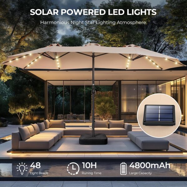 b10a5937fe9c4f0e96c06b14caa79a9c Double Sided Patio Umbrellas - 15ft Solar Lights LED Lighted Outdoor Extra Large Market Table Umbrella with Base Included, Oversized Umbrella for Deck, Pool, Backyard (Beige)