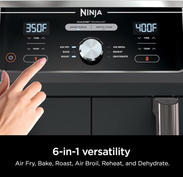 b121fb0325724994b1aca7ae6bed5e83 DZ401 Foodi 10 Quart 6-in-1 DualZone XL 2-Basket Air Fryer with 2 Independent Frying Baskets, Match Cook & Smart Finish to Roast, Broil, Dehydrate for Quick, Easy Family-Sized Meals, Grey