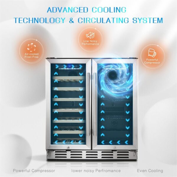 b165cd9c2dc846649c6f44f3f203bd18 24 inch Wine Cooler, 46 Bottle - Dual Zone Built-in or Freestanding Fridge with Stainless Steel Reversible Glass Door, for Home, Kitchen, or Office.