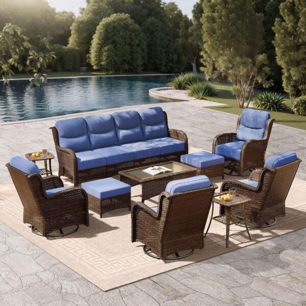 b18eac99dfd94b51a007157c5a00bd40 Outdoor Swivel Rocker Patio Chairs with 6-Inch Thick Cushions and Side Table, 3PCS High Back Wicker Patio Furniture Set for Porch, Balcony, Deck and Yard in Blue