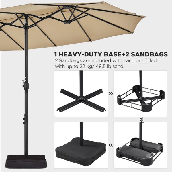 b1b49d34721f49c4890b3200acca3180 15 ft Large Patio Umbrella with Solar Lights Double-Sided Outdoor Rectangle Market Umbrellas with 36 LED Lights/Base Included/Easy Crank for Patio Garden Yard Pool Lawn, Brown