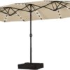 15 ft Large Patio Umbrella with Solar Lights Double-Sided Outdoor Rectangle Market Umbrellas with 36 LED Lights/Base Included/Easy Crank for Patio Garden Yard Pool Lawn, Brown