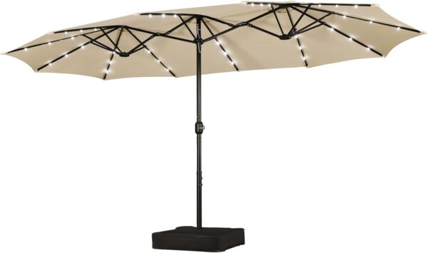 b2064d4606344c48ab7bc6ce4252078f 15 ft Large Patio Umbrella with Solar Lights Double-Sided Outdoor Rectangle Market Umbrellas with 36 LED Lights/Base Included/Easy Crank for Patio Garden Yard Pool Lawn, Brown