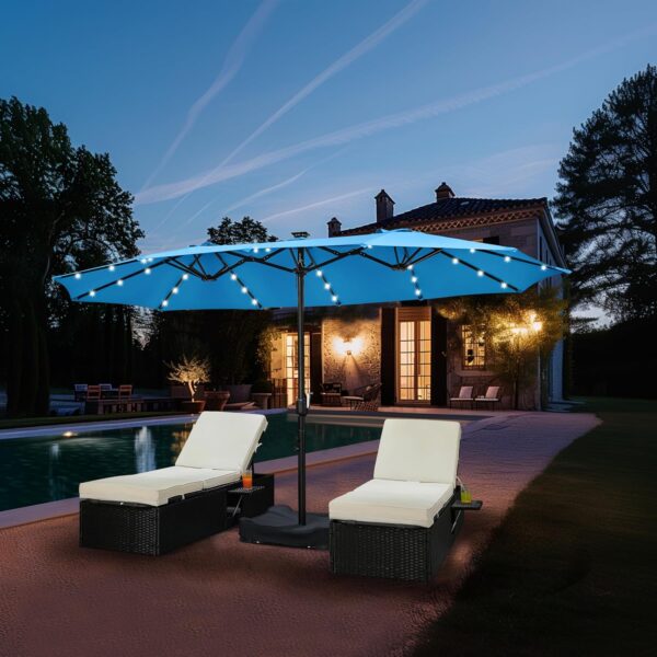 b333634795c8452987a8881f2e8071c6 15 ft Large Patio Umbrella with Solar Lights Double-Sided Outdoor Rectangle Market Umbrellas with 36 LED Lights/Base Included/Easy Crank for Patio Garden Yard Pool Lawn, Brown