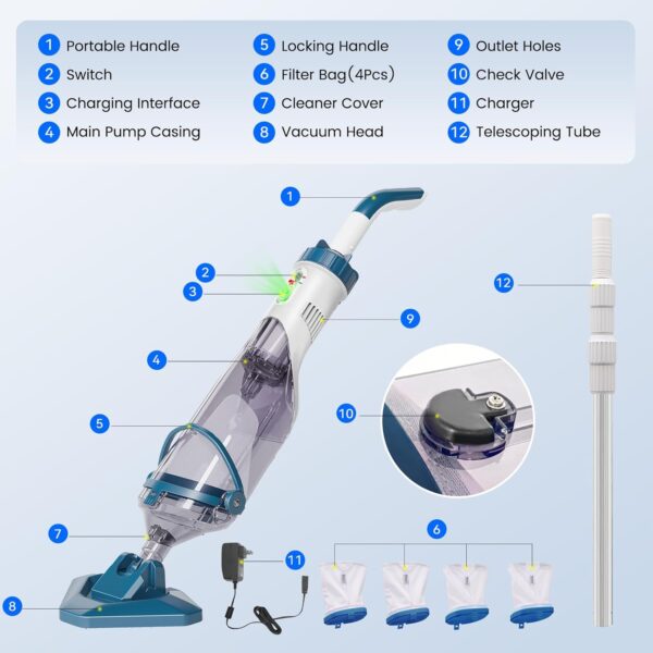 b391d03c6767452b8b6156817084cce1 Pool Vacuum for Above Ground Pool with a Telescopic Pole, Running time up to 1H, T403 Handheld Rechargeable Pool Cleaner with Powerful Suction up to 18.5 gallons/min, Ideal for Leaves, Debris
