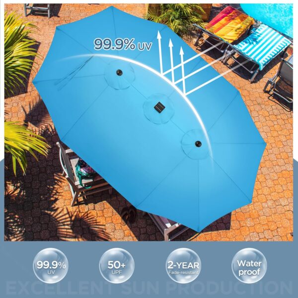 b3b4b80607e84bfbbedb6094f76a892b 15 ft Large Patio Umbrella with Solar Lights Double-Sided Outdoor Rectangle Market Umbrellas with 36 LED Lights/Base Included/Easy Crank for Patio Garden Yard Pool Lawn, Brown