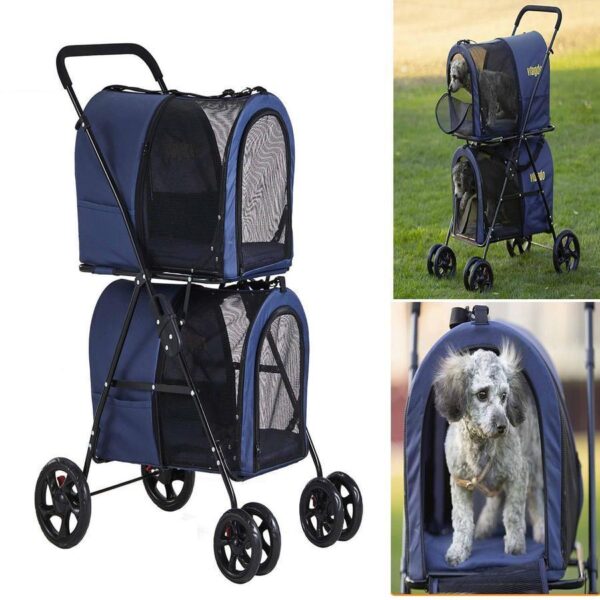 b4576ff12b7a4a579a6e295c6f794214 42 Double Pet Stroller for 2 Dogs & Cats,4 Wheels Dog Strollers Folding Travel Cat Stroller with Suspension System,Navy Blue