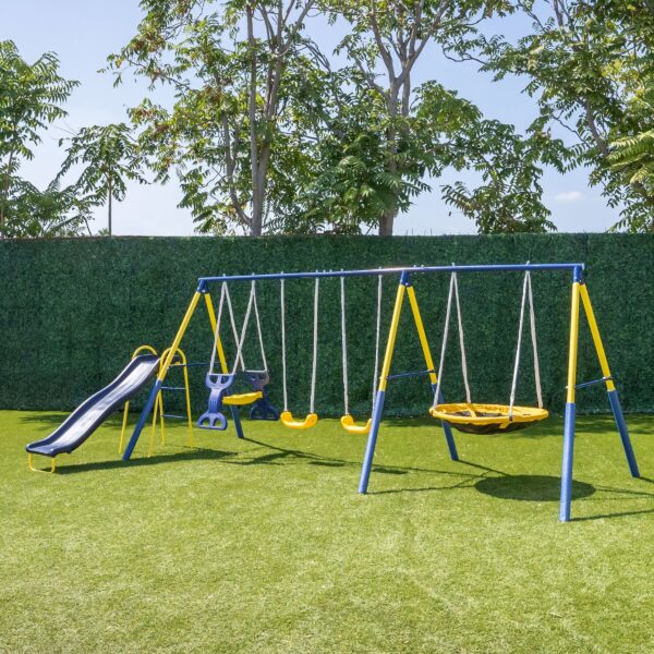 Sportspower Super Star Metal Swing Set with Saucer Swing, Glider Swing, Lifetime Warranty on Blow Molded Slide, and Bonus Anchor Kit