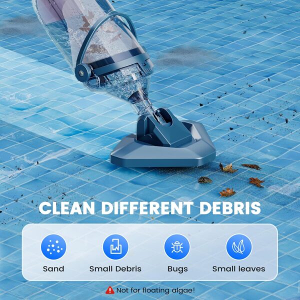 b48a42cd1bca4f2582ddfeca4dada277 Pool Vacuum for Above Ground Pool with a Telescopic Pole, Running time up to 1H, T403 Handheld Rechargeable Pool Cleaner with Powerful Suction up to 18.5 gallons/min, Ideal for Leaves, Debris