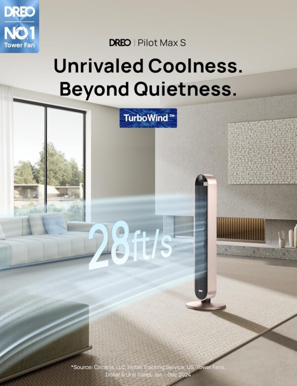 b4c325718b3648eba373a4a08bc65092 Dreo Tower Fan for Bedroom, 42 Inch 120° Oscillating Fan, 25dB Quiet DC Motor, 28ft/s Velocity Bladeless Standing Fan with 12 Speeds, 4 Modes, 12H Timer Cooling Fans for Home, Living Room, Pilot Max S