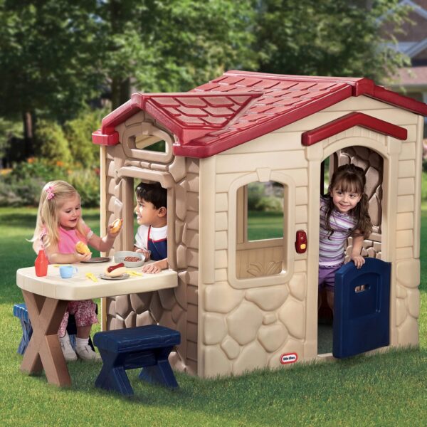 Little Tikes Picnic on the Patio Playhouse with 20 Play Accessories, Working Doorbell, Indoor and Outdoor Backyard Toy, Tan- For Kids Toddlers Boys Girls Ages 2 3 4+ Year Old