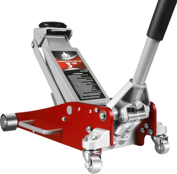 b4f3c4f3f4d04bebb4941b1a3259a2f4 3 Ton Low Profile, Aluminum and Steel Racing Floor Jack with Dual Pistons Quick Lift Pump for Sport Utility Vehicle, Lifting Range 3-15/16" min to 18-5/16" max, Red