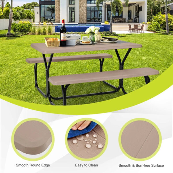 b5a0bc9ccc5745ecb17d83bb3bdd3f29 YYAo Dining Chair, Weatherproof Garden Bench, Loveseat, HDPE Outdoor Picnic Table Bench Set with Metal Base-Coffee
