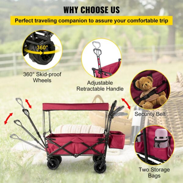 b6654041fc0b4ffcb651ec14cbfe685d Red Collapsible Wagon Cart with Canopy, 360° Wheels, Adjustable Handles, 220 lbs Capacity for Beach & Garden