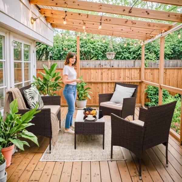b687af0c42514a4492d92f0cd1fa920e 4 Pieces Outdoor Patio Furniture Sets Rattan Chair Wicker Set, Outdoor Indoor Use Backyard Porch Garden Poolside Balcony Furniture Sets Clearance (Brown and Beige)
