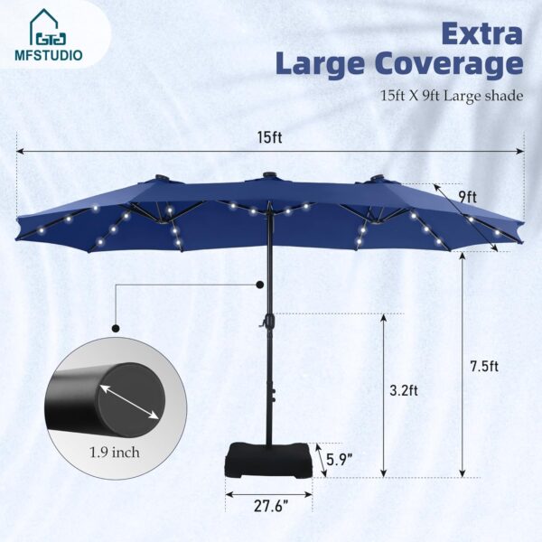 b7c8595f5a434864af574a681bb15125 15ft Double Sided Patio Umbrella with Solar Lights, Outdoor Large Umbrellas with Crank Handle and 36 LED Lights, Rectangular Market Umbrella with Base Included for Deck Pool Shade