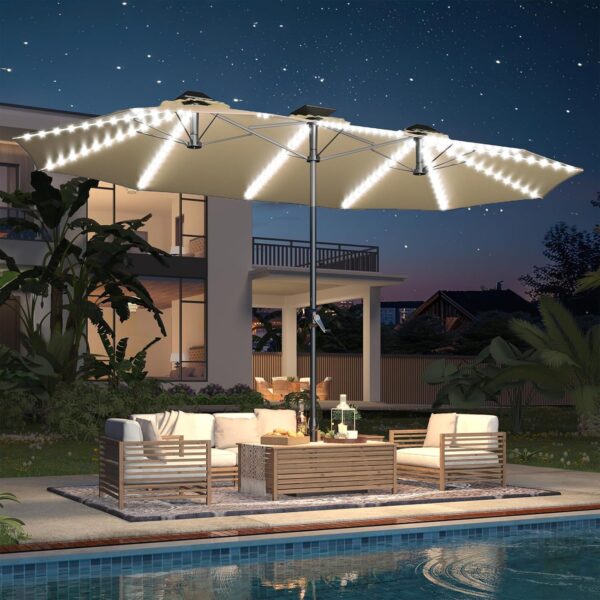 b7d3f776566046b586fe590e9e436cbe 15ft Patio Umbrella with Solar Lights, Large Double Umbrella Outdoor, Rectangle 180''x106'' Umbrellas with 156 PCS LED Lights and Crank Handle for Backyard Deck Pool Shade in Black(1.9" Pole)