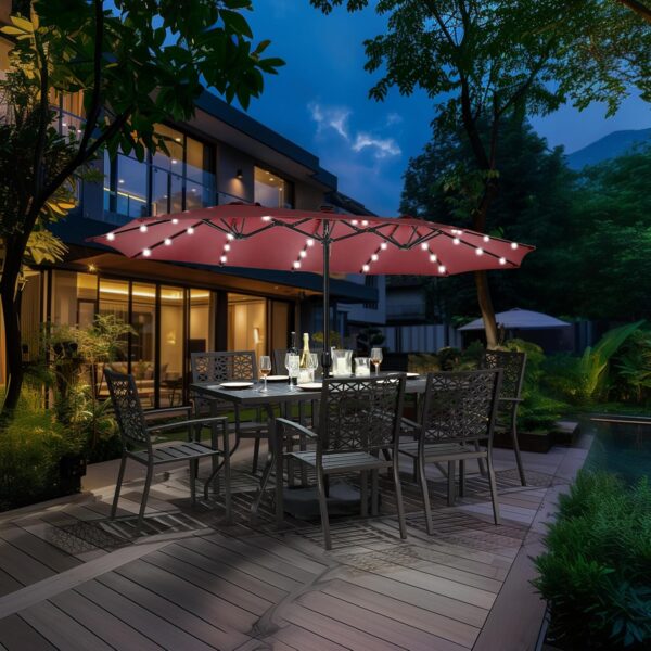 b7d447d2cf1347e3aad4e812387ab5c9 15 ft Large Patio Umbrella with Solar Lights Double-Sided Outdoor Rectangle Market Umbrellas with 36 LED Lights/Base Included/Easy Crank for Patio Garden Yard Pool Lawn, Brown