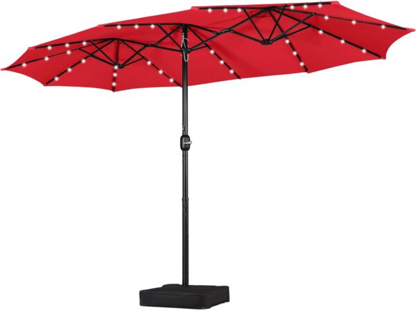 b7edf067baf7450284981348e4b89331 15 ft Large Patio Umbrella with Solar Lights Double-Sided Outdoor Rectangle Market Umbrellas with 36 LED Lights/Base Included/Easy Crank for Patio Garden Yard Pool Lawn, Brown