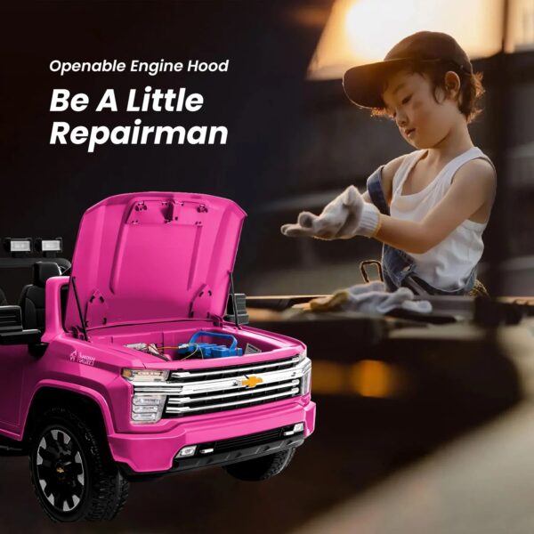 Track 7 24V Ride on Car, Licensed Silverado HD 2 Seater Electric Car for Boys Girls Age 3+, 24V Ride on Truck w/Remote Control, Music, ABC, Pink