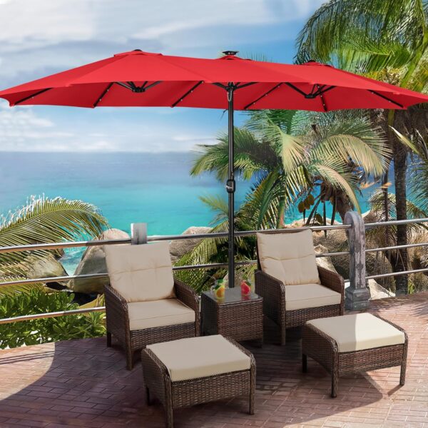 b8df8d7acb494958a1cd43dbbb4194c5 15 ft Large Patio Umbrella with Solar Lights Double-Sided Outdoor Rectangle Market Umbrellas with 36 LED Lights/Base Included/Easy Crank for Patio Garden Yard Pool Lawn, Brown