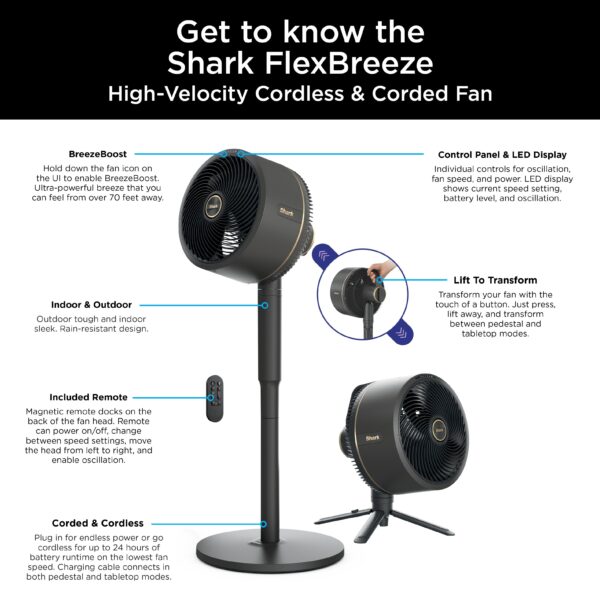 b9747d4437564d97a5ed8eb481ff413f Shark - FlexBreeze Outdoor & Indoor Fan with InstaCool Misting Attachment, Cordless & Corded, Pedestal to Tabletop - Black