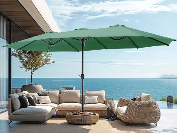 b983617e4bc944499aaa0ae202bdb465 15ft Patio Umbrella Double-Sided Outdoor Market Extra Large Umbrella with Crank, Umbrella Base Included (Dark Red)