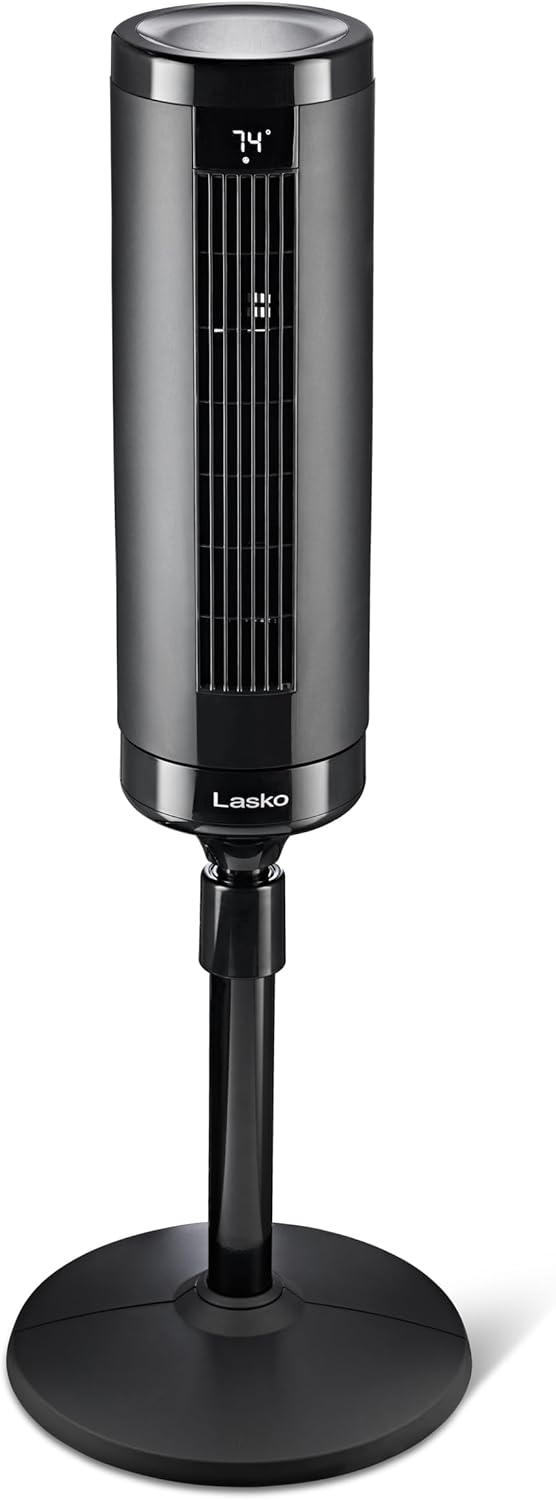 b9ad33d681234377a6c8cc5eae847499 LASKO Elevation 42”-54” Adjustable Height Pedestal Tower Fans for Home, 31 ft/s Airflow, Quiet 28 dB on Low, 90° Oscillation, 12 Hour Timer, Remote Control, Black, EST100