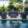 Wisteria Lane 4 Piece Outdoor Patio Furniture Sets, Wicker Conversation Set for Porch Deck, Grey Rattan Sofa Chair with Cushion （Blue