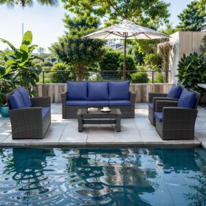 Wisteria Lane 4 Piece Outdoor Patio Furniture Sets, Wicker Conversation Set for Porch Deck, Grey Rattan Sofa Chair with Cushion （Blue