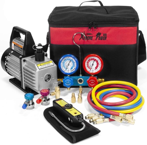 bb576697608045e8a2a44ae3d9cee6bf Premium 4CFM Air Vacuum Pump HVAC A/C Refrigeration Kit AC Manifold Gauge Case Set R134a Tap w/Leak Detector and Carrying Tote Bag