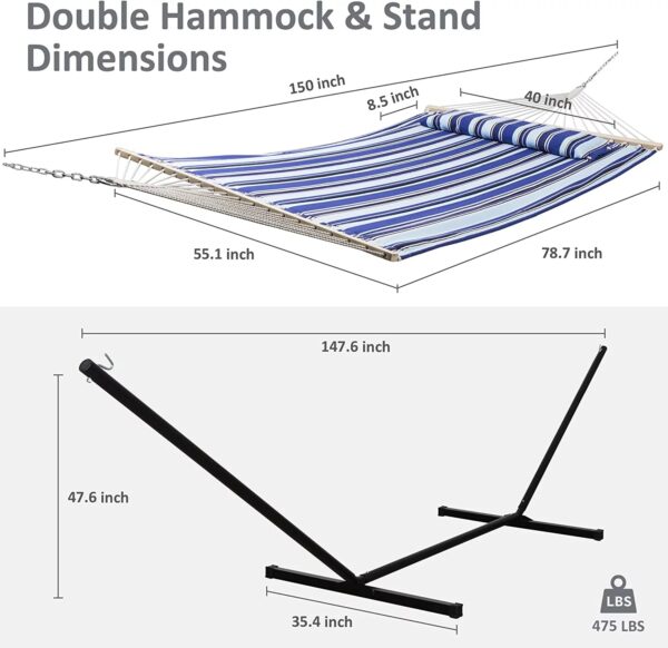 bcbe4b9c0b194a928fd5f1c4e9c272c3 Two Person Hammock with Stand Heavy Duty, Free Standing Hammocks Outdoors for 2 Person, Max 475lbs Capacity, Blue Stripes