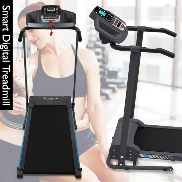 bd804f73e6324a37b25fa288ab0b7c92 SereneLife Folding Treadmill - Foldable Home Fitness Equipment with LCD for Walking & Running - Cardio Exercise Machine - Preset and Adjustable Programs - Bluetooth Connectivity