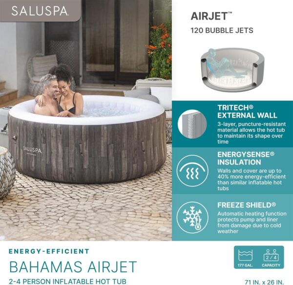 bda6fe6376a84b15843ba5d6a980acca Bestway SaluSpa Fiji AirJet Large Round 2 to 4 Person Inflatable Hot Tub Portable Outdoor Spa with 120 AirJets and EnergySense Cover, Grey