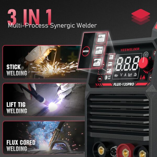 bdbdf968a69c4fa8bccf2734366c2a7b 135Amp MIG Welder,110V Flux Core Welder Flux MIG/Lift TIG/Stick 3-in-1 Large LED Digital Display Welding Machine IGBT Inverter Welder FLUX-135PRO