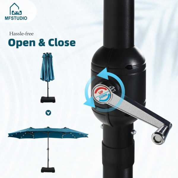 be00fb7fd8634f8891666d6c86f4a4ae 15ft Double Sided Patio Umbrella with Solar Lights, Outdoor Large Umbrellas with Crank Handle and 36 LED Lights, Rectangular Market Umbrella with Base Included for Deck Pool Shade