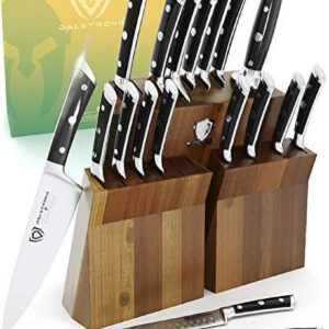 DALSTRONG Knife Block Set - 18-Piece - Gladiator Series Colossal Knife Set - Forged German ThyssenKrupp HC Steel - Walnut Stand - Black Handles