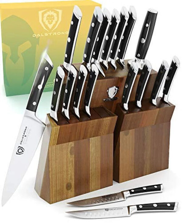 be07932a10154c3c82fc17c3199cf0f2 DALSTRONG Knife Block Set - 18-Piece - Gladiator Series Colossal Knife Set - Forged German ThyssenKrupp HC Steel - Walnut Stand - Black Handles