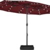 15 ft Large Patio Umbrella with Solar Lights Double-Sided Outdoor Rectangle Market Umbrellas with 36 LED Lights/Base Included/Easy Crank for Patio Garden Yard Pool Lawn, Brown