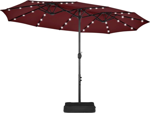be5f55b12b744f929055b97d81e333ae 15 ft Large Patio Umbrella with Solar Lights Double-Sided Outdoor Rectangle Market Umbrellas with 36 LED Lights/Base Included/Easy Crank for Patio Garden Yard Pool Lawn, Brown