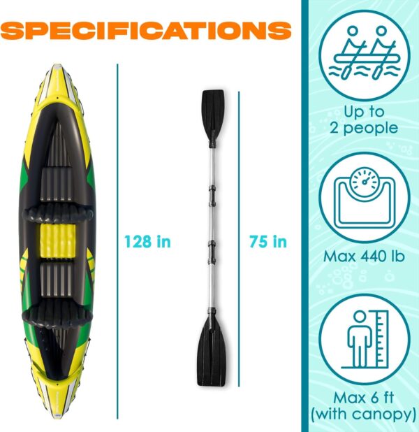 bea3aa672fef48158473a59ddfaaad16 KP Inflatable Kayak 2 Person with Sun Canopy (Detachable) + Kayaks for Adults + 3rd Seat for Dog/Child + Waterproof Phone Bags + Adjustable Seats + Kayak + Backrests & More + New 2024 + Yellow Green