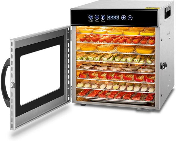 bedfd37bf55b44ee99ee165443753dbb Tray Food Dehydrator, Steel Fruit Dry Machine with 30 90∼C Adjustable Thermostat, 24hr Digital Timer