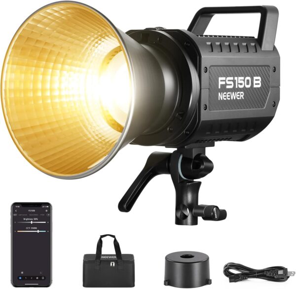 bf52ce3561204054a090c120415a8970 130W RGB LED Video Light APP/2.4G Control 17 Effects, 2500-7500K 19800lux/1m COB Continuous Lighting Output with CRI97/TLCI98 4 Dimming Curves, Spotlight for Studio Shoots, FS150C