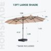Double Sided Patio Umbrellas - 15ft Solar Lights LED Lighted Outdoor Extra Large Market Table Umbrella with Base Included, Oversized Umbrella for Deck, Pool, Backyard (Beige)