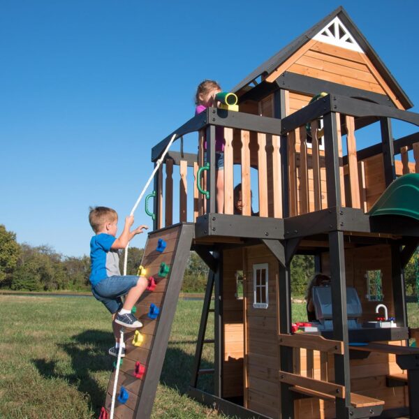 bf8b12a98e4f4cc1834ebb994ada0465 Backyard Discovery Canyon Creek Cedar Wood Swing Set with Wave Slide, Clubhouse, Play Kitchen, Picnic Area, Belt Swings, Web Swing, Rock Wall, Balconies, Playhouse, Step Ladder, Outdoor Playset