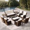 Outdoor Swivel Rocker Patio Chairs with 6-Inch Thick Cushions and Side Table, 3PCS High Back Wicker Patio Furniture Set for Porch, Balcony, Deck and Yard in Blue